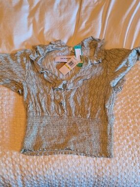Stitch Fix Women's Ruffle Neck Short Sleeve Smocked Top in Sage Green
